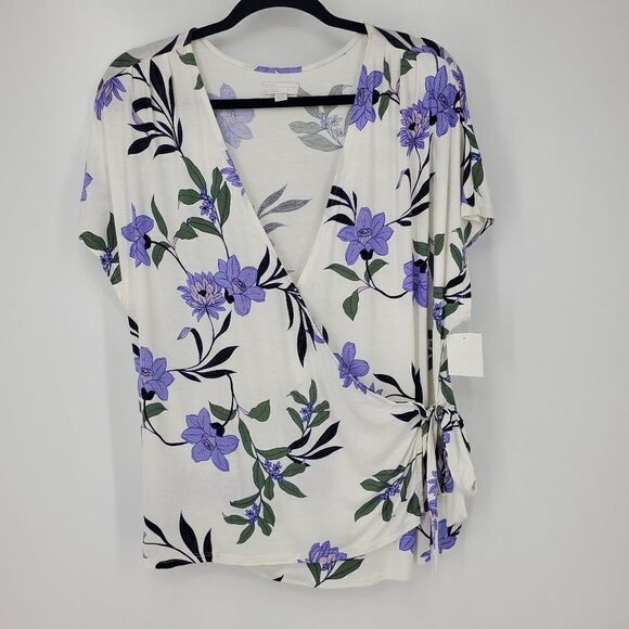 14th & Union Short Sleeve Wrap Blouse With Purple And Green Floral Print Size 1X - Picture 1 of 9